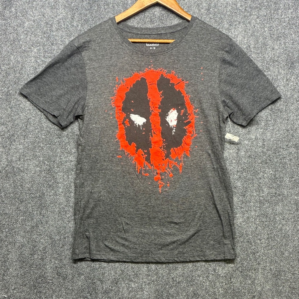 Marvel Deadpool Graphic T Shirt Mens Medium Gray Heather Splatter Mask Logo Tee